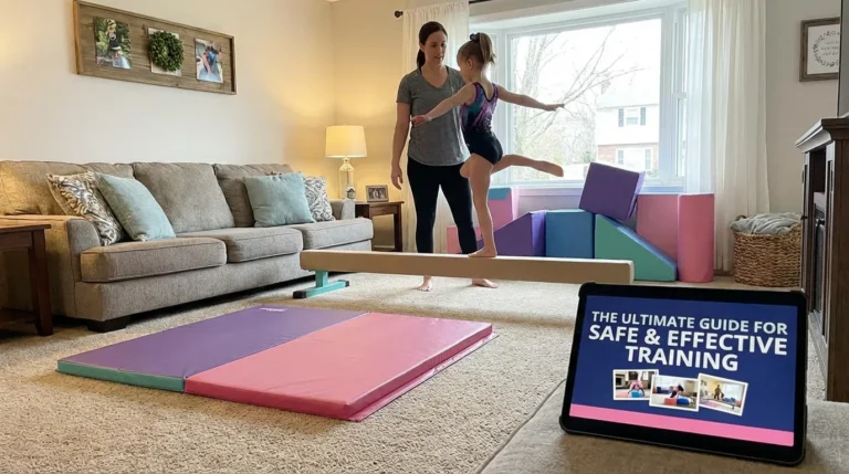 Home gymnastics equipment setup with folding mat, low balance beam, and training accessories